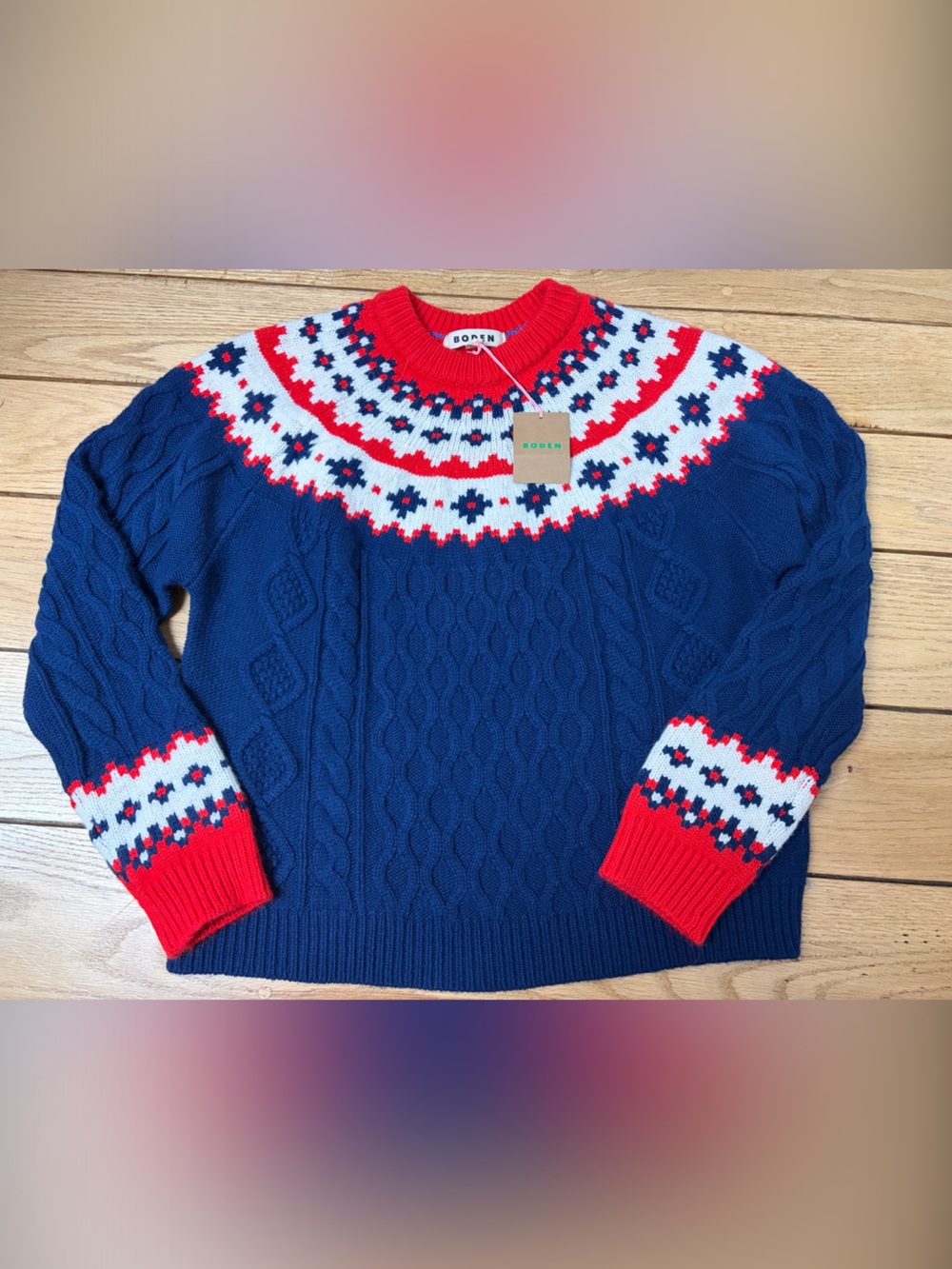 Boden Navy Crewneck Sweater with Red and White Fair Isle Yoke